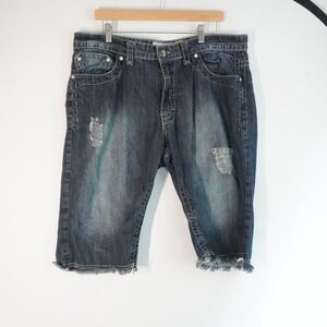 VTG Smokerise Denim Shorts Distressed Fray Hem Dark Mens 38 y2k Skater Jorts‎
